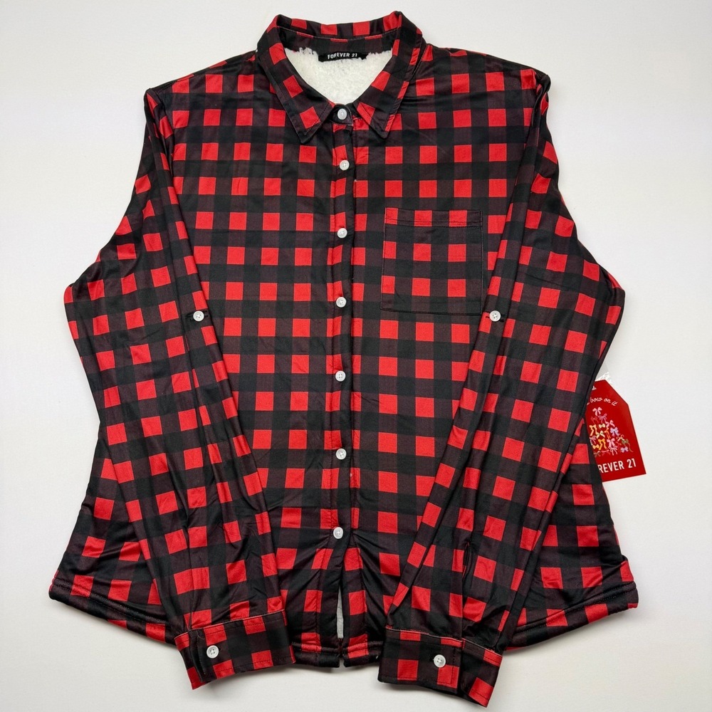Forever 21 Red Black Buffalo Plaid Sherpa Lined Shirt Jacket size M